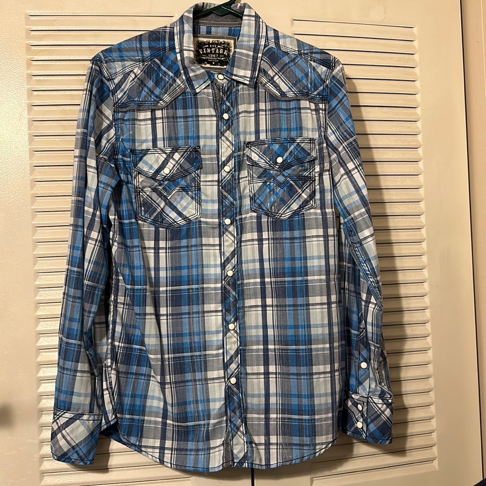 BKE Vintage Blue Check Shirt Snap Front Western